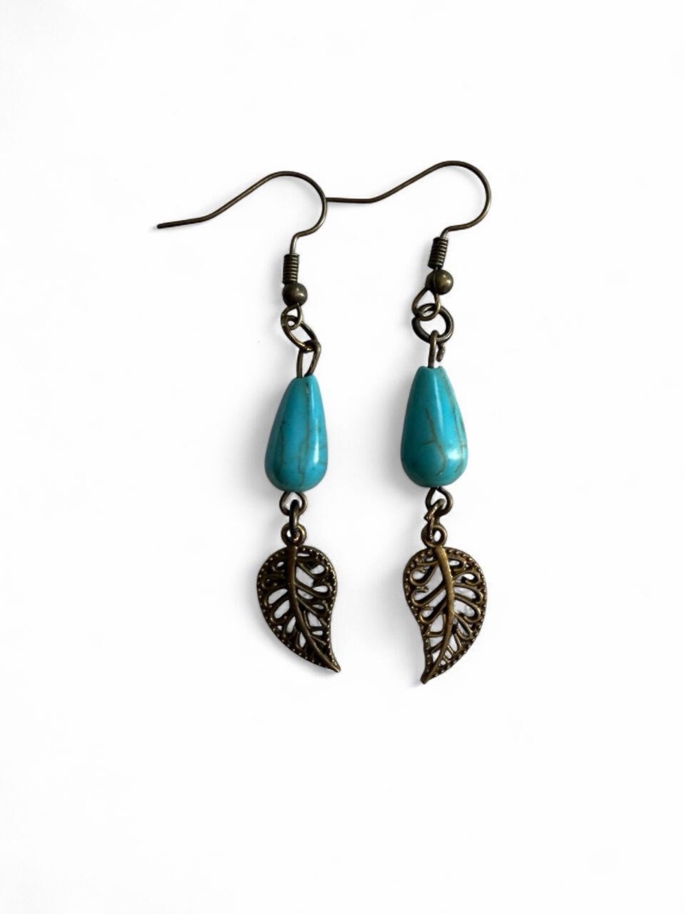 Handmade Antique Bronze & Turquoise Leaf Earrings